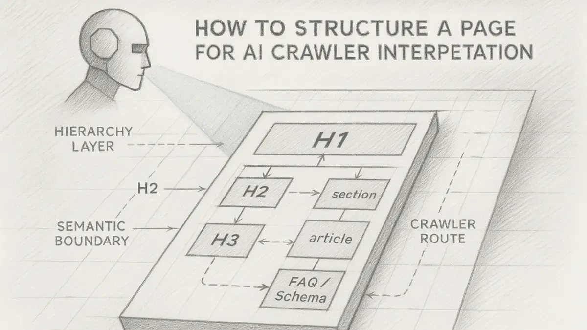 Pencil-sketch blueprint illustrating ai crawler site structure with hierarchical layout