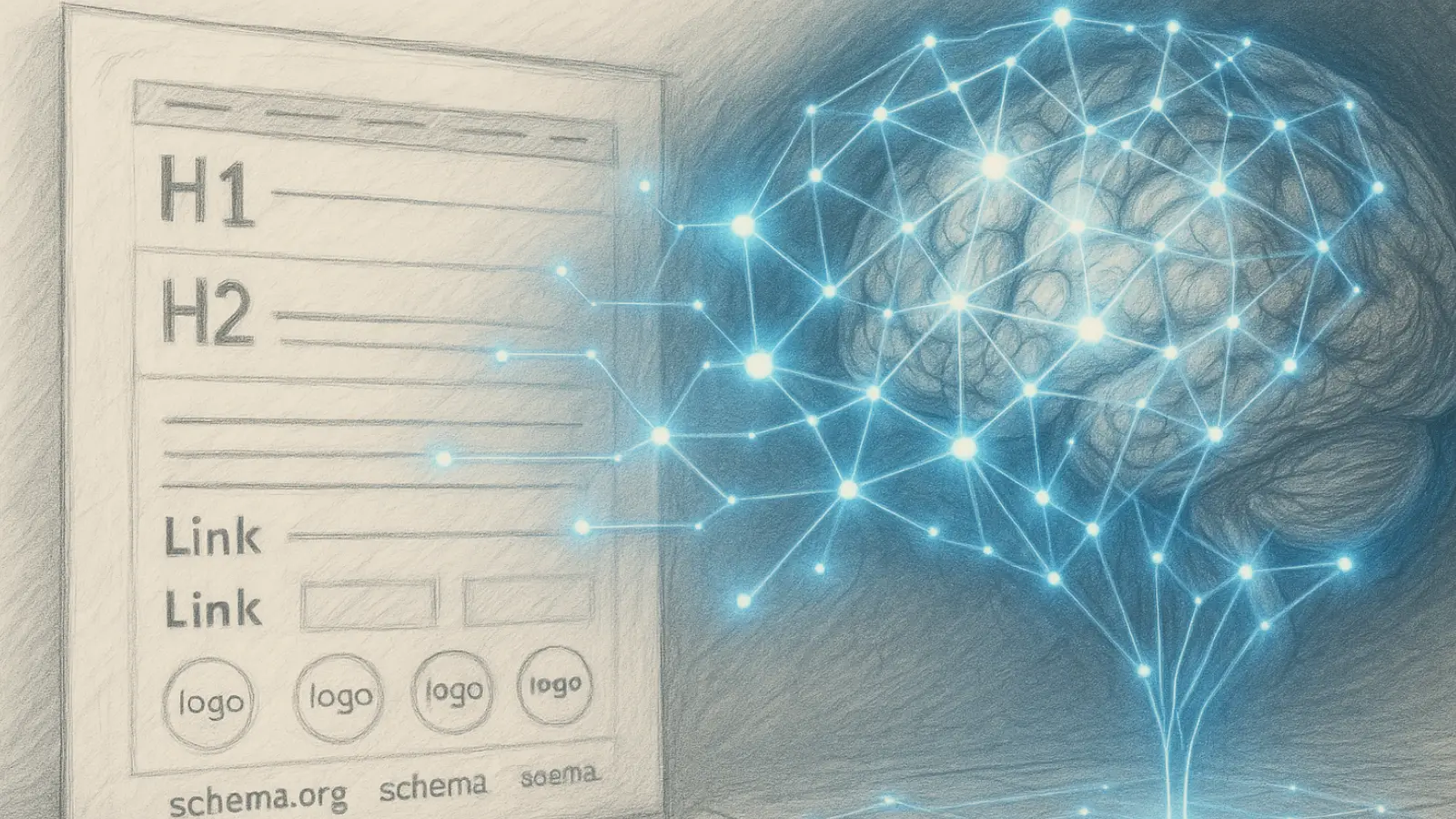 Realistic pencil sketch of AI page structure blueprint with H1–H3 blocks, schema links, and glowing neural network projecting digital clarity.