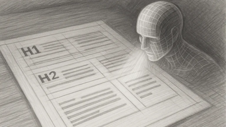 Pencil-sketch illustration of generative page architecture as an AI scanning a blueprint of structured headings and content blocks.