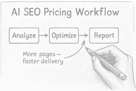 Hand-drawn AI SEO pricing workflow diagram showing Analyze, Optimize, and Report process