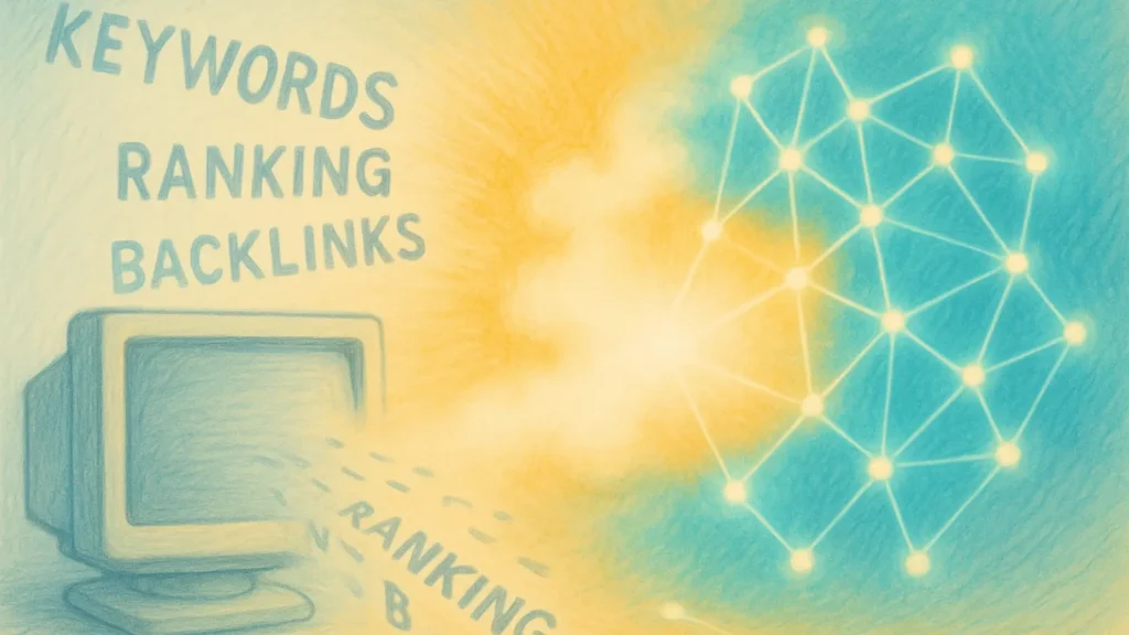 Illustration showing evolution from keyword-based SEO to AI-powered semantic search network glowing with neural lines.