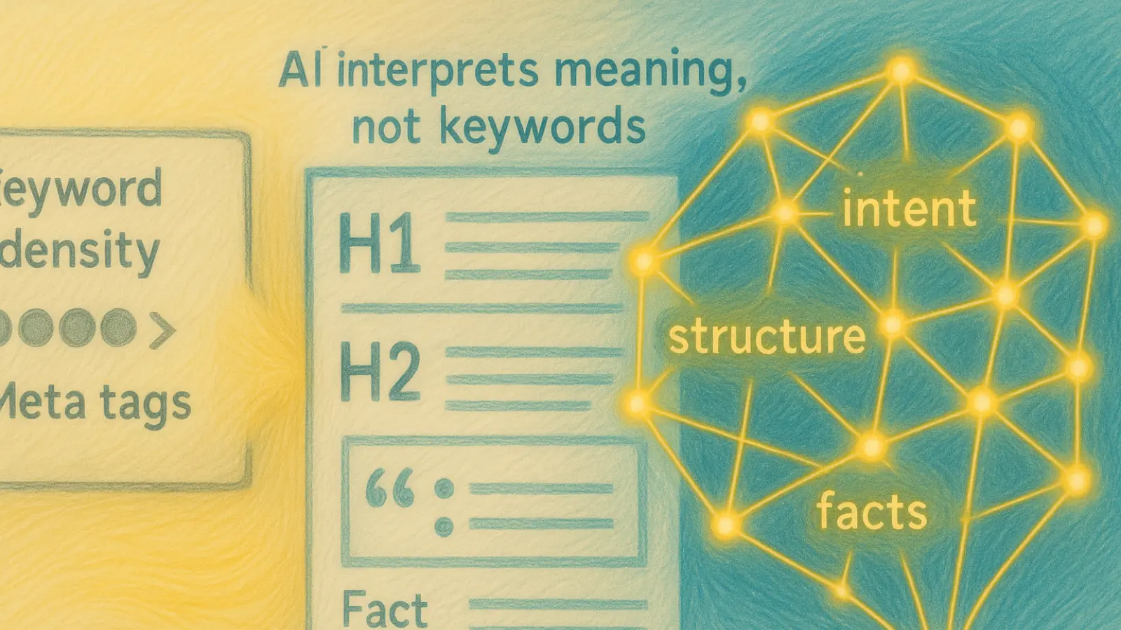 Generative SEO evaluation framework showing a page structure (H1, H2, quotes, facts) contrasted with classic SEO metrics and a glowing neural network connecting intent, structure, facts, and clarity.