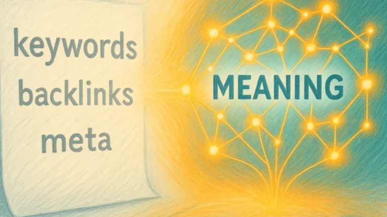 Colored pencil illustration showing SEO keywords transforming into a glowing AI semantic network, symbolizing the shift from keywords to knowledge in AI content writing