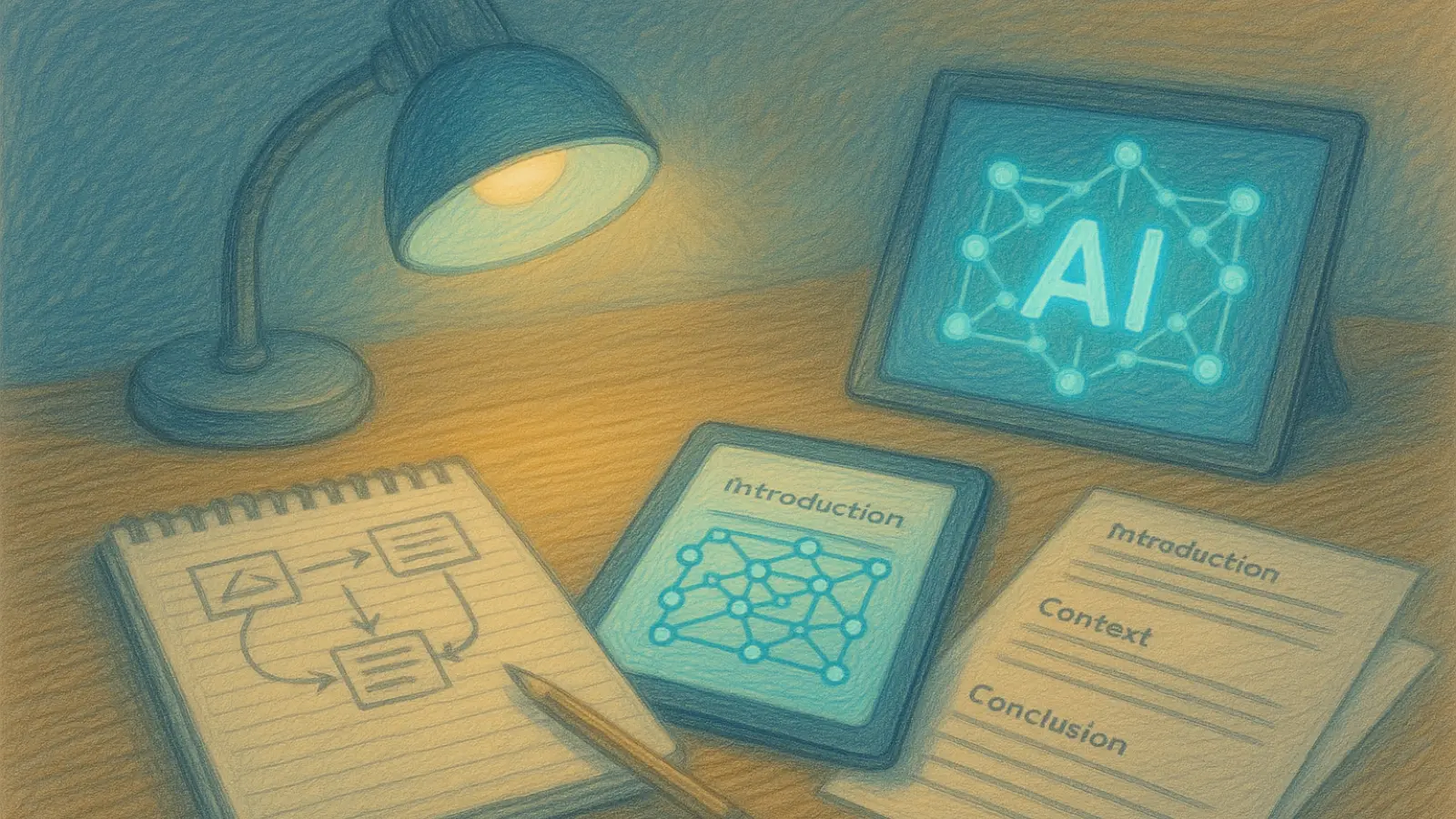 “Pencil-drawn desk with notebook sketches, AI tablet diagram, structured pages and glowing AI lamp dividing workspace.”