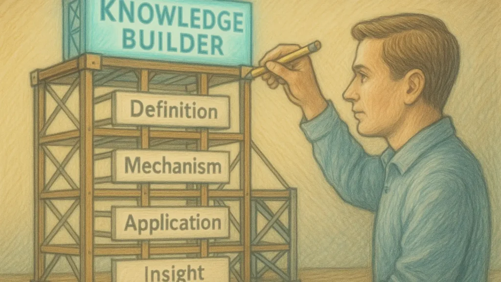 Pencil-drawn horizontal illustration showing a person constructing a multi-level knowledge framework with labeled tiers for definition, mechanism, application, and insight under soft AI lighting.
