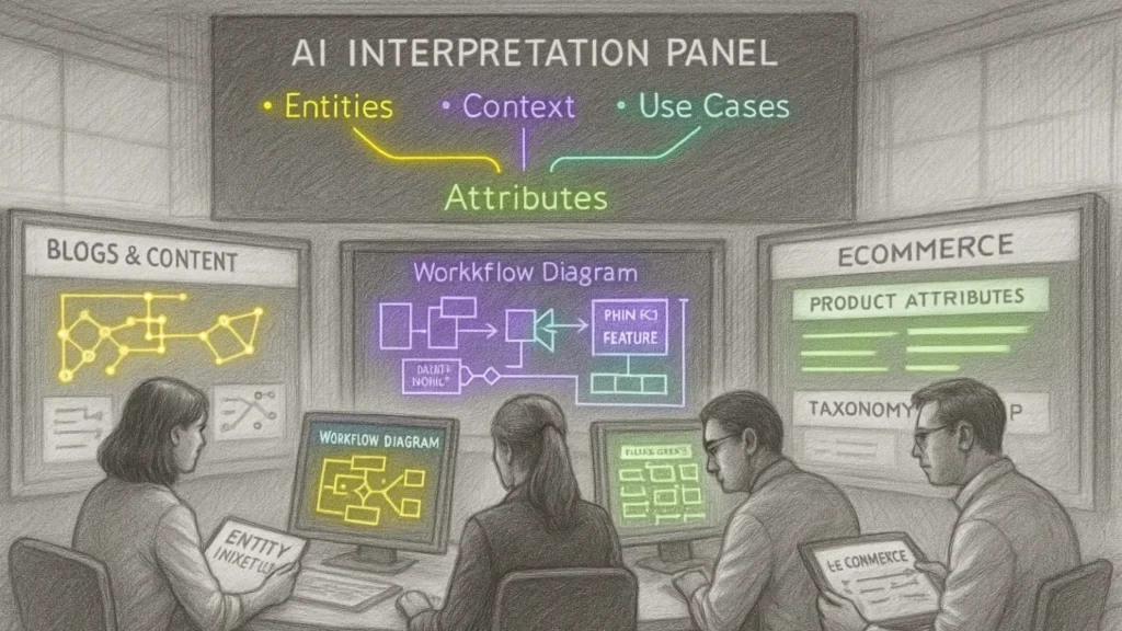 Realistic pencil illustration showing blog, SaaS, and ecommerce teams in a shared AI control room analyzing entity maps, workflows, and product taxonomies with neon accents.