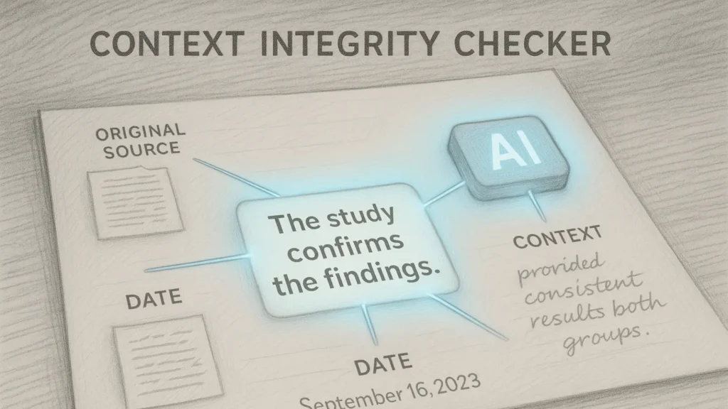 Pencil-drawn horizontal illustration showing an AI module linking a central statement to its original source, date, and surrounding text with soft blue context-validation lines.