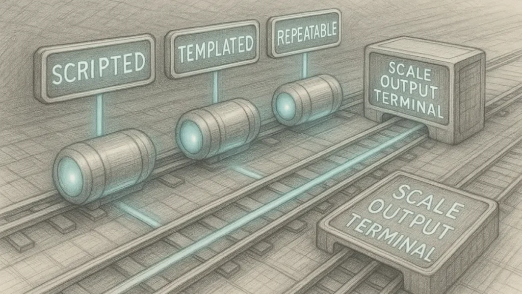 Automated workflow capsules moving along a glowing production rail