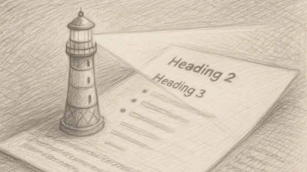 Horizontal pencil-style illustration of a lighthouse guiding the reader through text hierarchy, highlighting headings and list items with soft structured light.