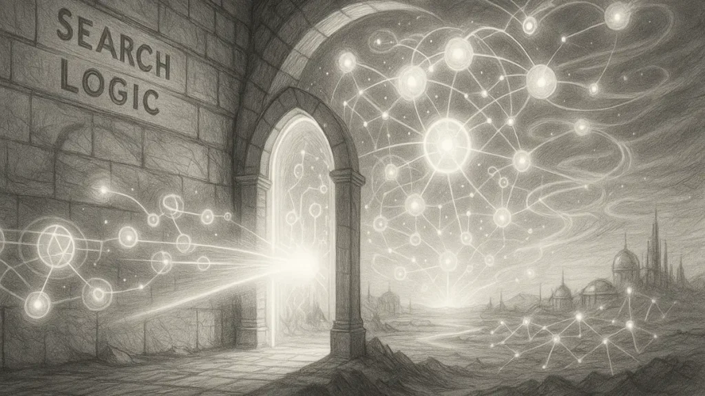 Pencil sketch of predictive horizon gate opening from old search logic into future ecosystem landscape