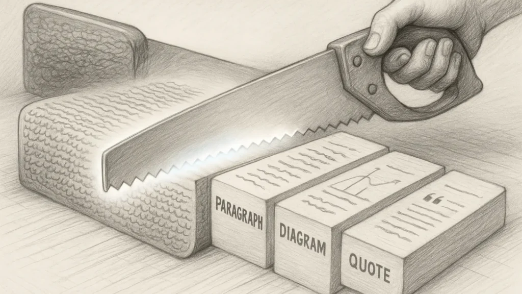 Horizontal pencil-style illustration of a large handsaw cutting a massive text block into clean modules labeled paragraph, diagram, and quote, with a glowing AI-guided cut line.