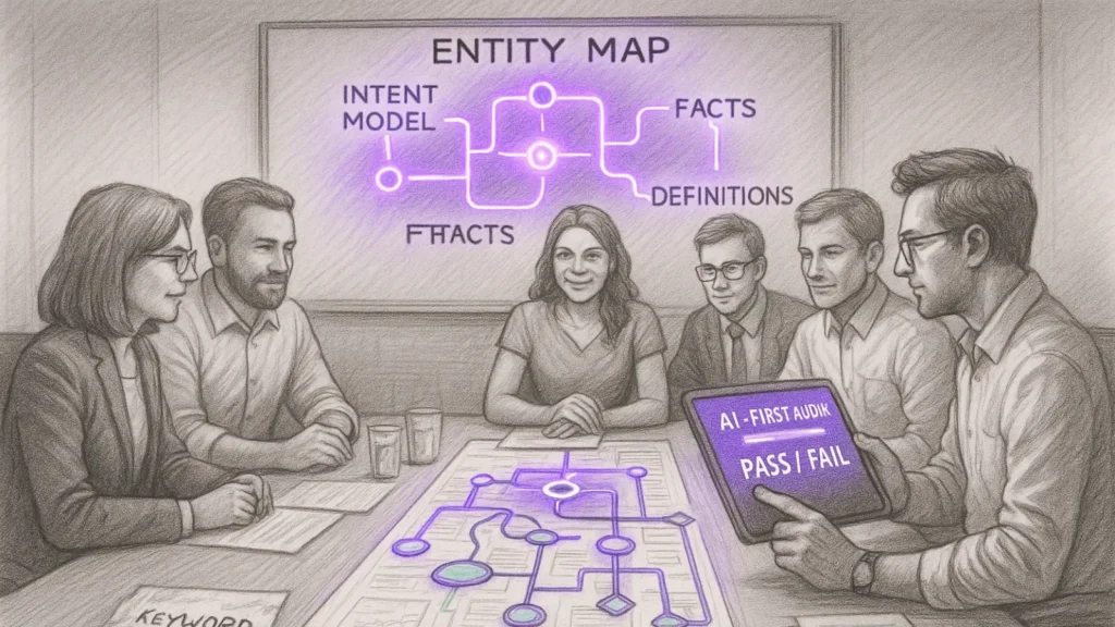 Hand-drawn pencil illustration of a strategic SEO war room with five specialists analyzing an AI-lit entity map and reviewing a PASS/FAIL AI audit result.
