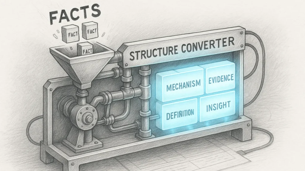 Horizontal pencil-style illustration of an engineering-like AI machine converting falling fact blocks into structured modules labeled definition, mechanism, evidence, and insight, with soft blue illumination.