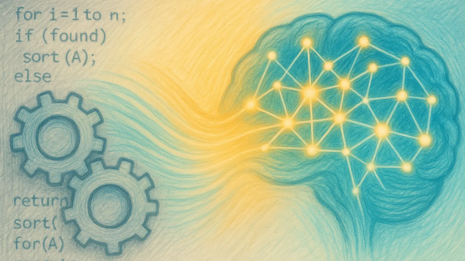 Artistic transition from mechanical search algorithms to AI neural reasoning in soft pencil and glowing pastel tones.