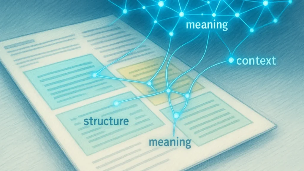 Pencil-style digital sketch of AI interpreting webpage text blocks connected by semantic network lines, symbolizing clarity and structure.