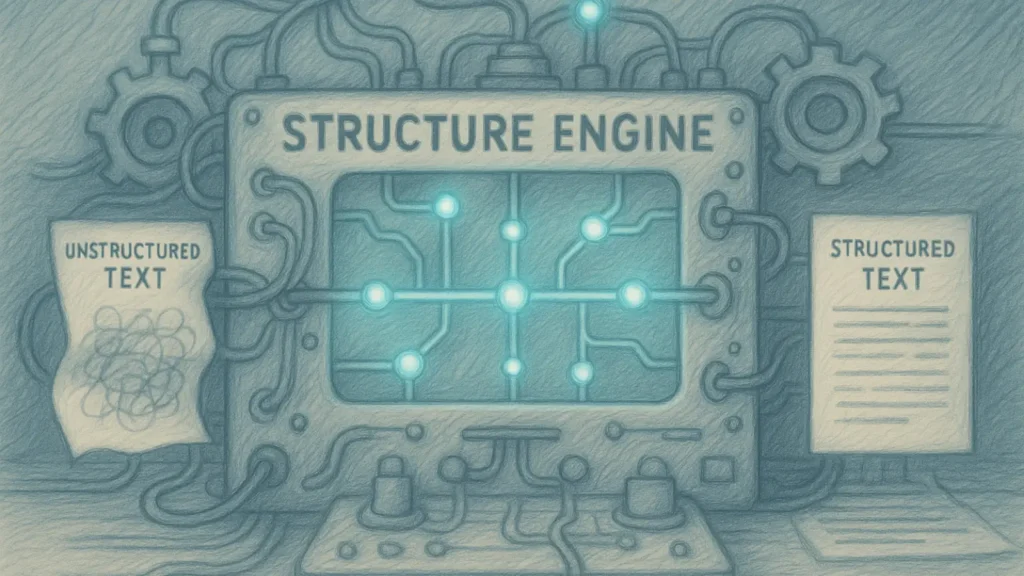 Pencil-drawn retro machine converting chaotic unstructured text into clear structured text with glowing AI nodes.