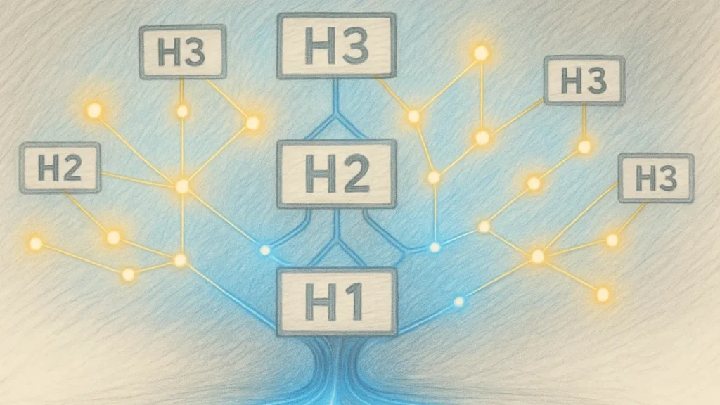 Realistic pencil sketch of a semantic tree with H1 root, H2 branches, and H3 twigs connected by glowing blue and golden lines representing AI page hierarchy.