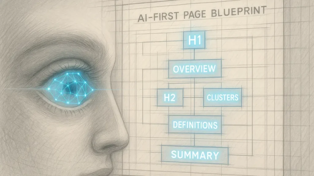 AI blueprint showing structured page layout with highlighted sections