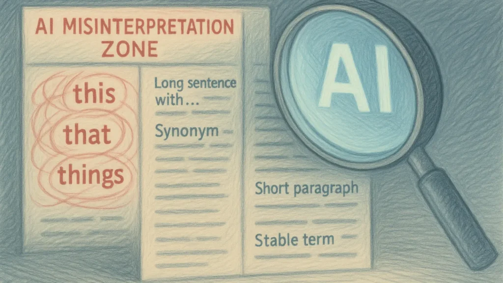 Pencil-drawn scene showing AI misinterpretation zone with vague terms and stable text blocks under lens, illustrating generative era writing clarity.