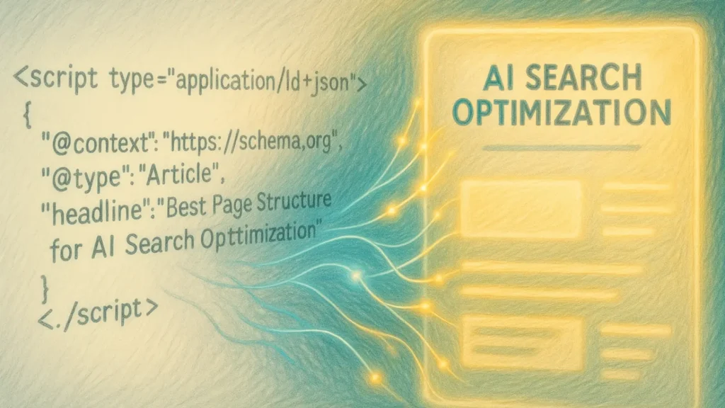 Realistic pencil sketch showing JSON-LD code transforming into a glowing webpage, symbolizing AI interpretation of semantic structure.