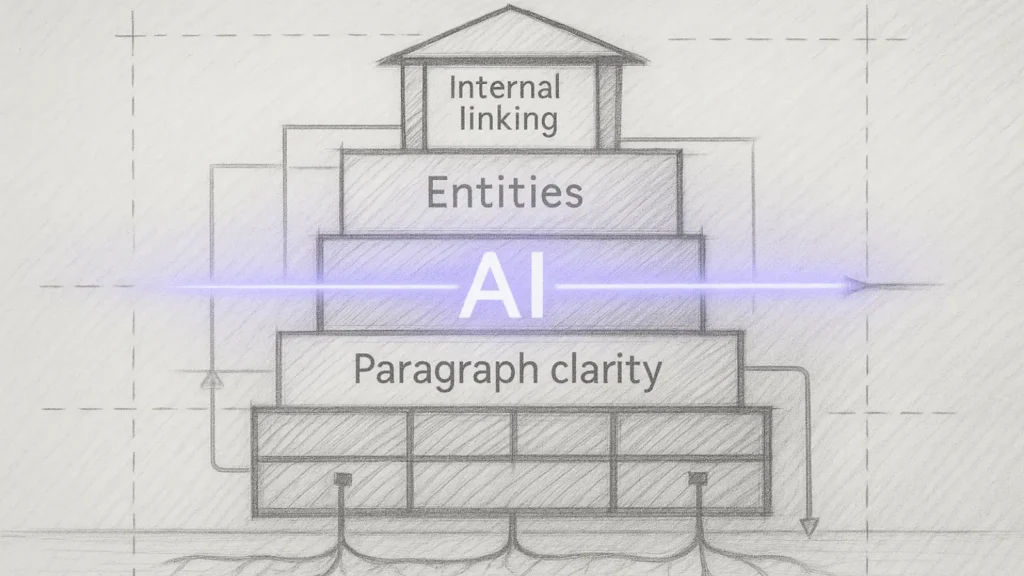 Black-and-white architectural SEO blueprint with a neon purple AI laser aligning content structure.