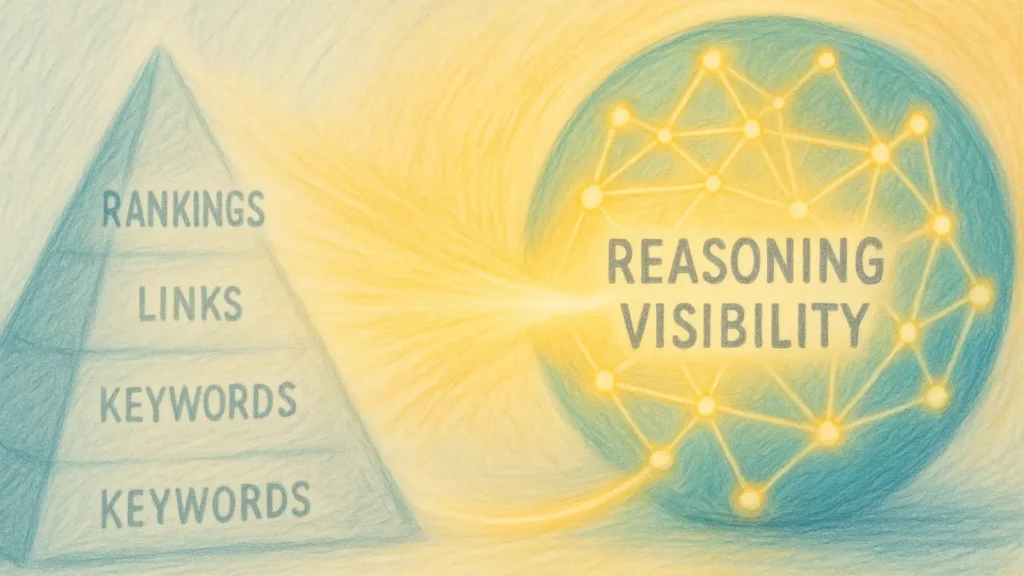 Illustration showing the shift from keyword-based SEO rankings to reasoning-based visibility through glowing neural connections.
