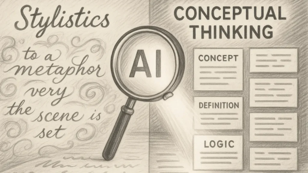 Pencil-drawn split of stylistic decorative text versus structured conceptual blocks illuminated by an AI lens, representing generative era writing.