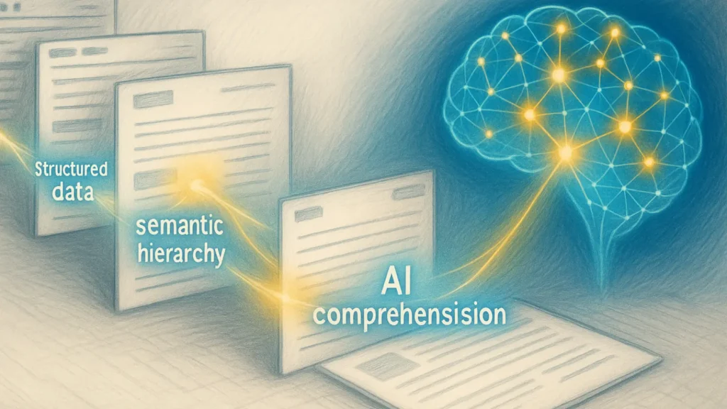 Realistic pencil sketch showing glowing bridges connecting webpages with anchors like structured data and semantic hierarchy, symbolizing AI comprehension of internal linking.