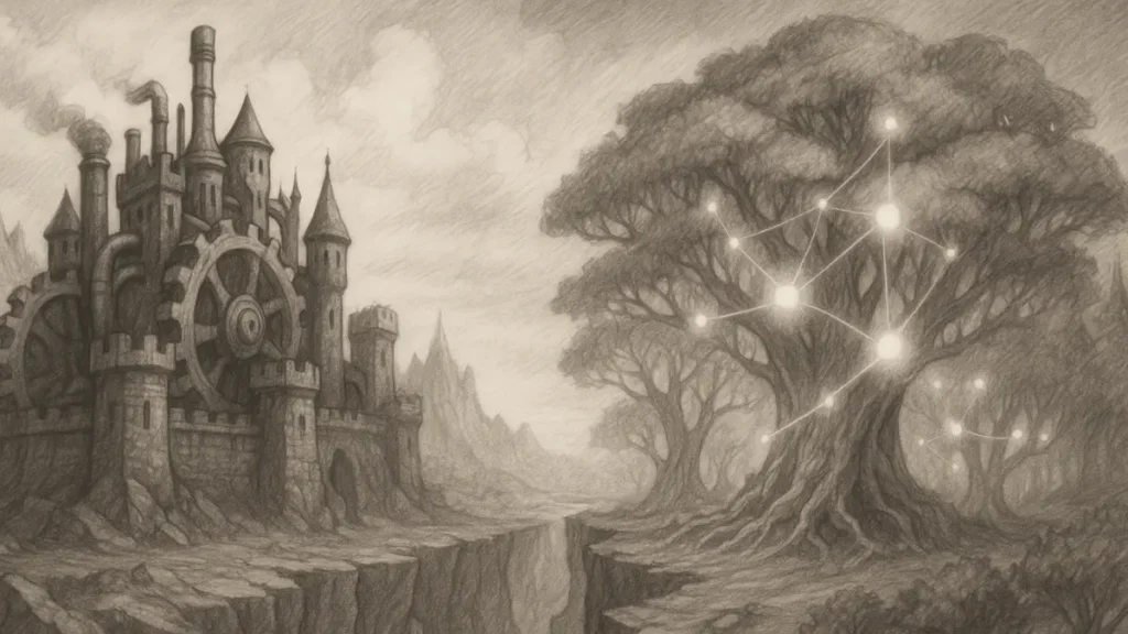 Fantasy scene of mechanical engine citadel facing a glowing ecosystem forest