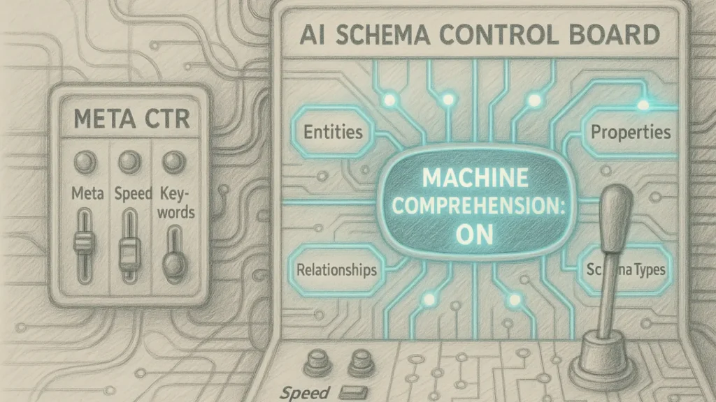 Hand-drawn aviation-style AI control board with neon schema labels and a glowing ‘Machine comprehension: ON’ display, next to an old SEO switch panel.