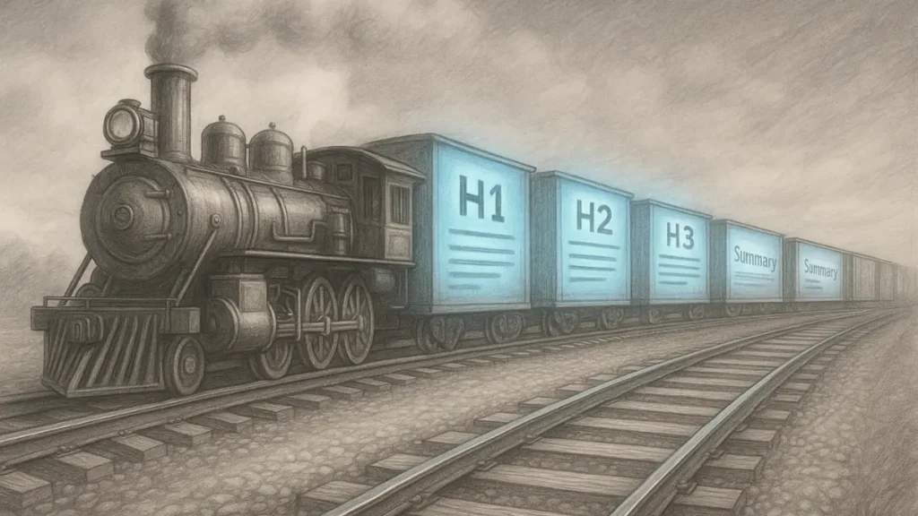 Sequential rail illustrating AI reasoning content structure through ordered text blocks