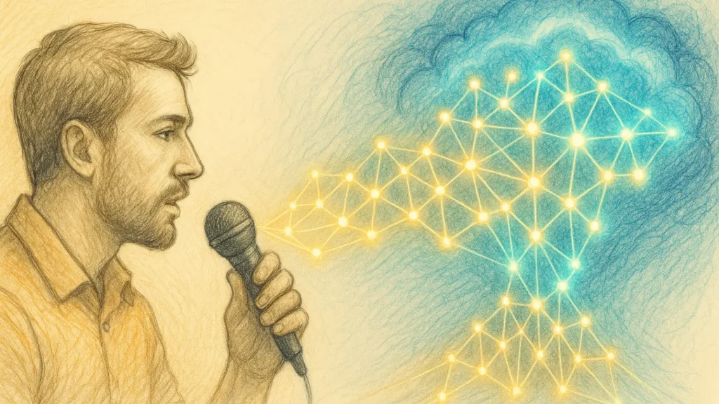 Artistic representation of a human speaking to AI as words transform into a glowing neural reasoning network.