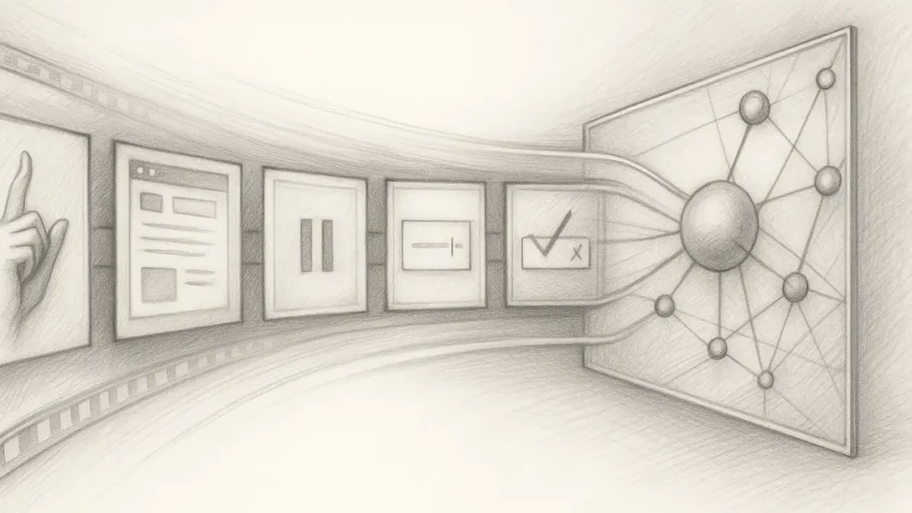 Film-strip style flow of context snapshots merging into a structured network