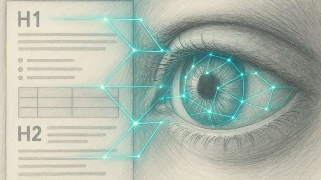 Highly detailed pencil sketch of AI eye analyzing structured webpage layout with neon semantic grid lines, symbolizing clarity and understanding.