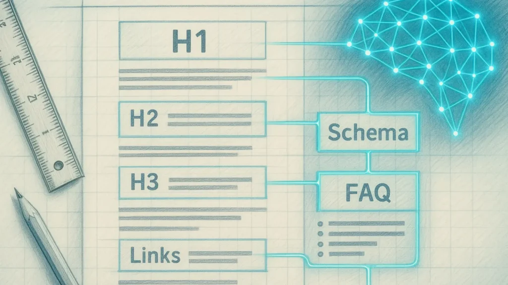 Blueprint-style pencil sketch showing H1–H3 headings, schema, and FAQ blocks connected by glowing AI neural lines symbolizing structured page design.