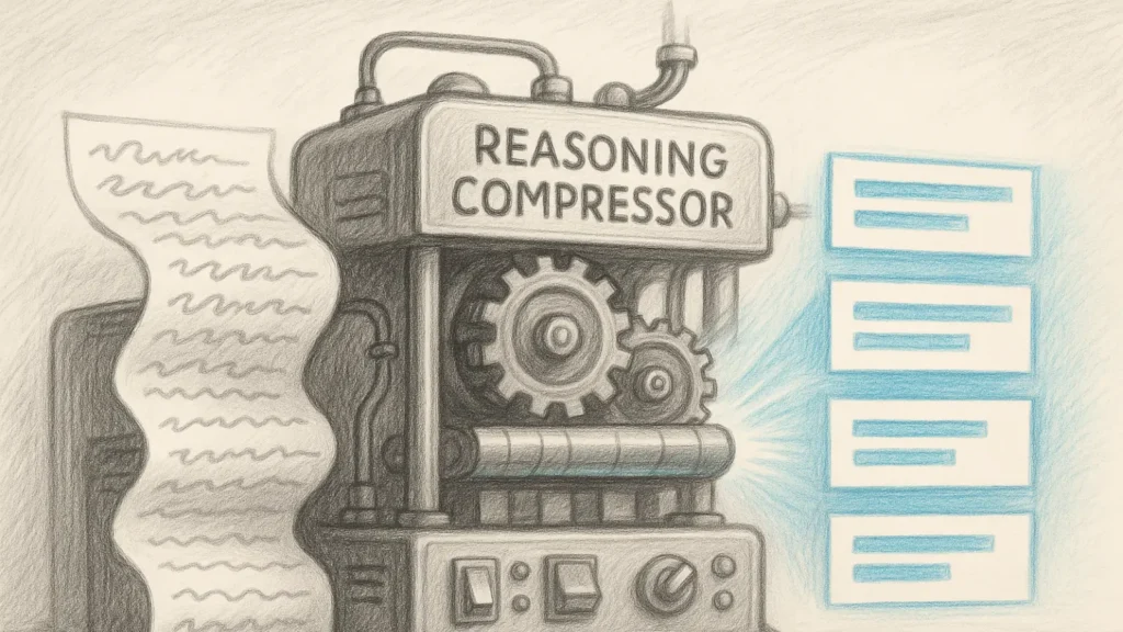 Pencil-drawn machine compressing long messy paragraphs into short clear reasoning blocks with gears and blue glowing output.