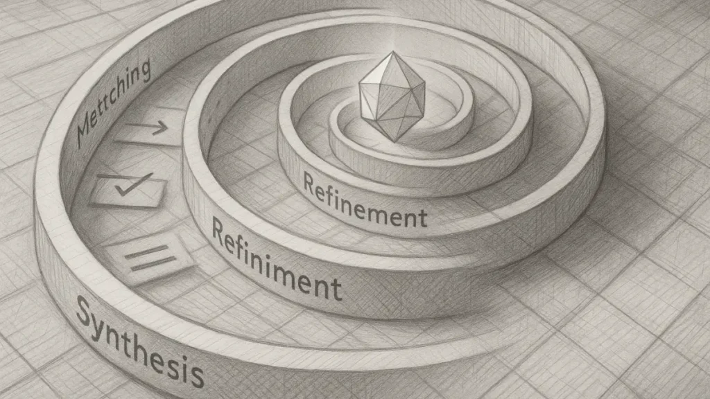 New search multi-step reasoning spiral showing stages toward final insight