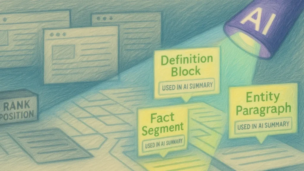 Semantic spotlight illustration showing an AI projector highlighting a definition block, fact segment, and entity paragraph marked ‘Used in AI Summary’, while old ranking position remains in shadow.