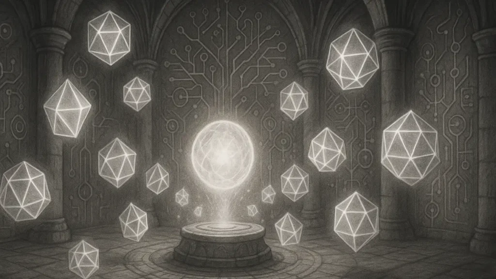 Mystical chamber with floating geometric agent spirits around a central prophecy sphere