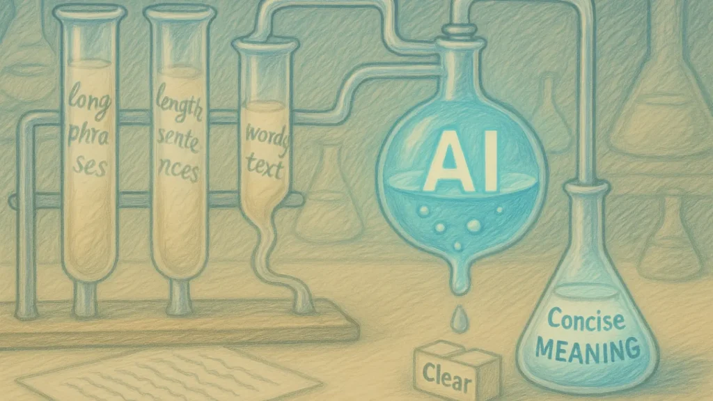 Wide pencil-drawn lab where long tangled sentences travel through a glowing AI distillation system and emerge as clean, concise meaning blocks.