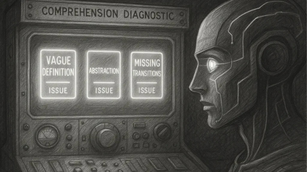 Diagnostic panel detecting AI comprehension issues like vague definitions and missing transitions