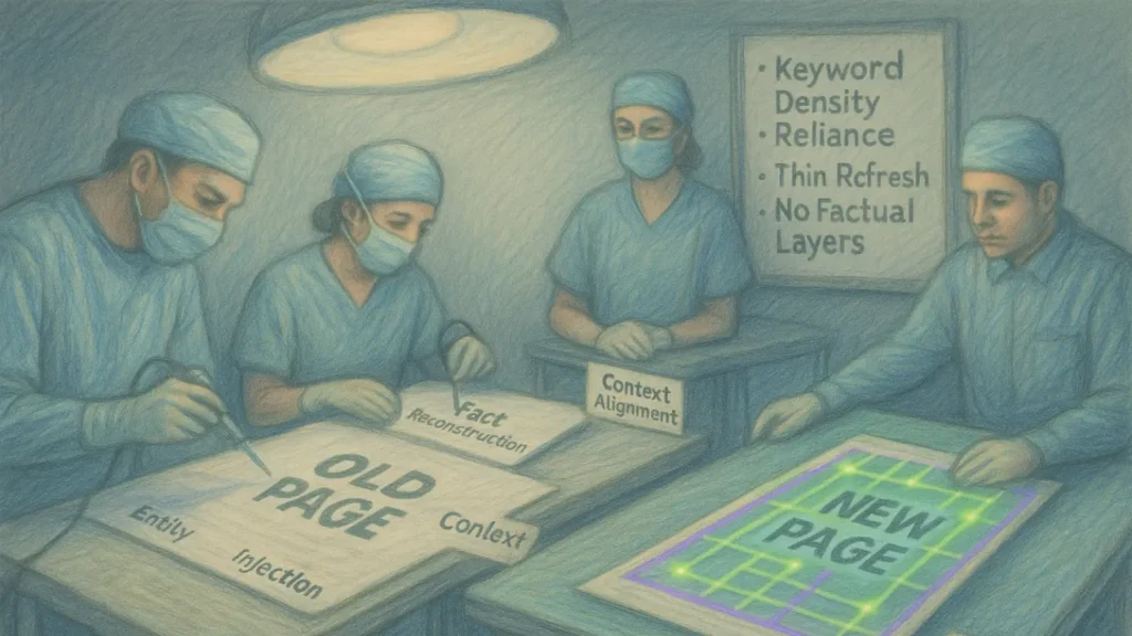Colored-pencil illustration of a surgical team ‘reviving’ content—injecting entities, reconstructing facts, and aligning context—next to a glowing structured New Page.