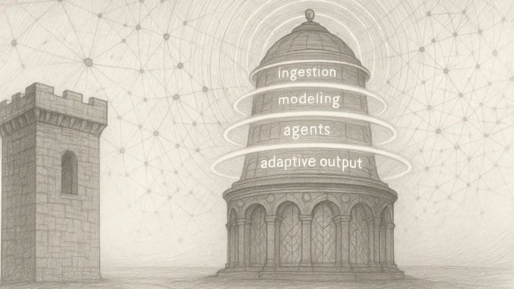 Pencil sketch of ecosystem observatory with concentric functional layers beside old search tower