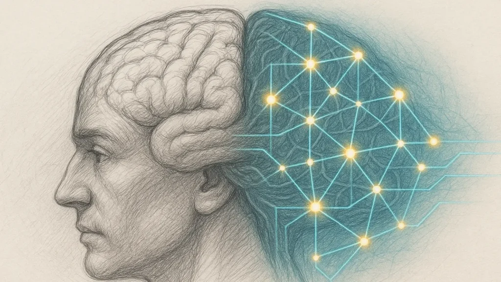Realistic pencil sketch of human head transforming into glowing AI neural network with turquoise and golden nodes symbolizing fusion of human and machine thinking.