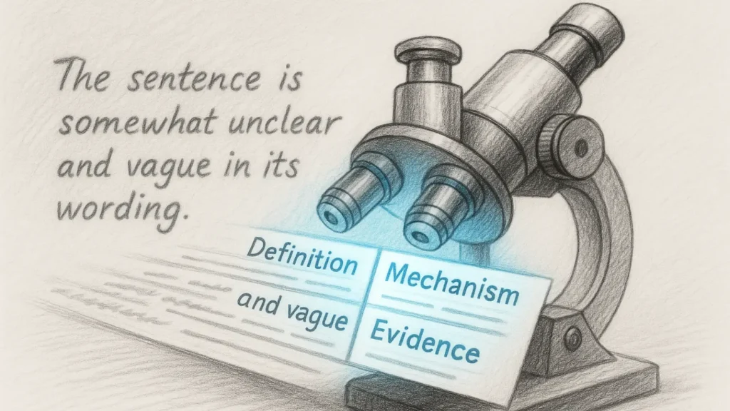 Pencil-drawn microscope analyzing a long unclear sentence and magnifying it into clear labeled segments such as definition, mechanism, and evidence.