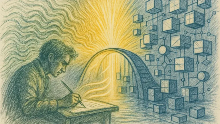 Graphite pencil scene illustrating how conversational factual writing bridges human expression and structured AI understanding.