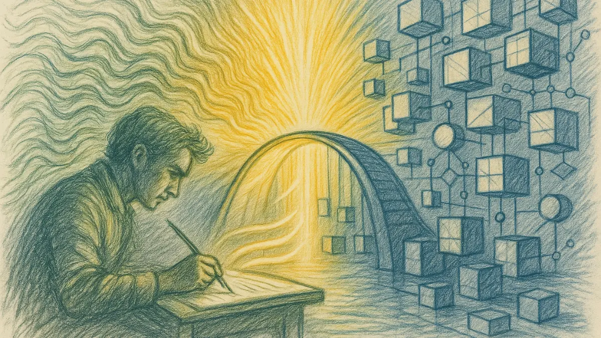 Graphite pencil scene illustrating how conversational factual writing bridges human expression and structured AI understanding.