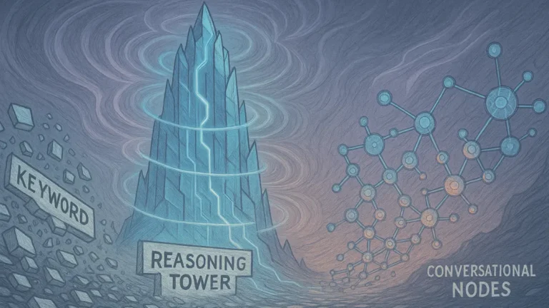 Fantasy depiction of the conversational search shift with fading keyword blocks and a glowing reasoning tower.