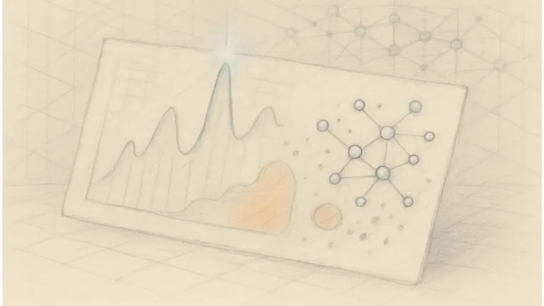 Pencil sketch of generative visibility ROI dashboard with abstract metrics and semantic nodes.