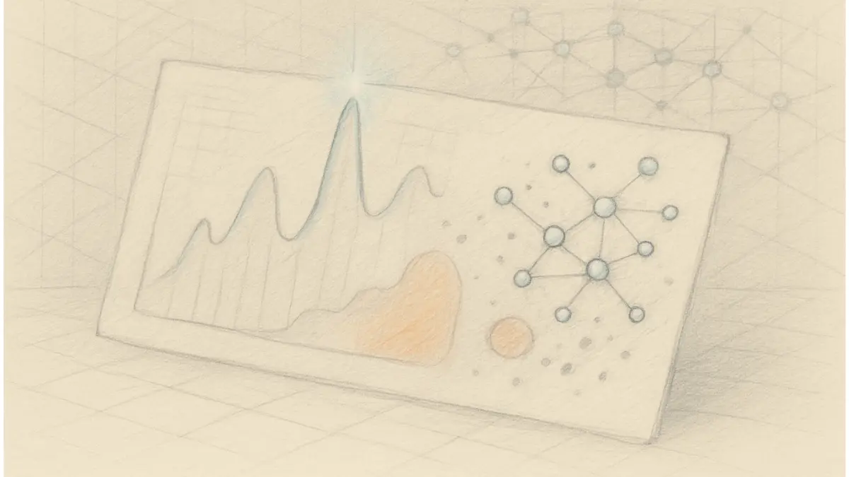 Pencil sketch of generative visibility ROI dashboard with abstract metrics and semantic nodes.